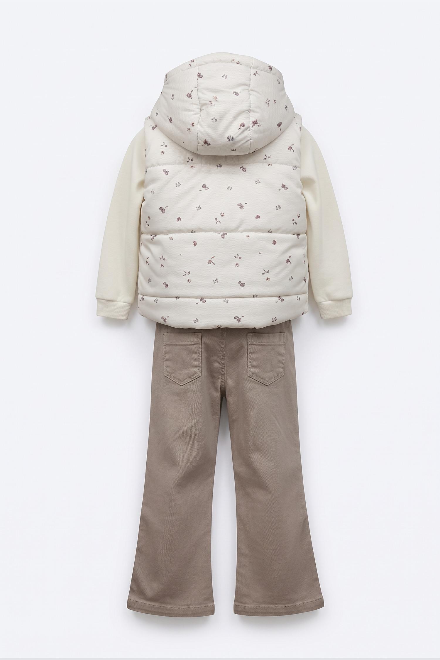 Çiçekli Kapitone Yelekli Sweatshirt Pantolon 3'lü Kız Çocuk Takımı - 2