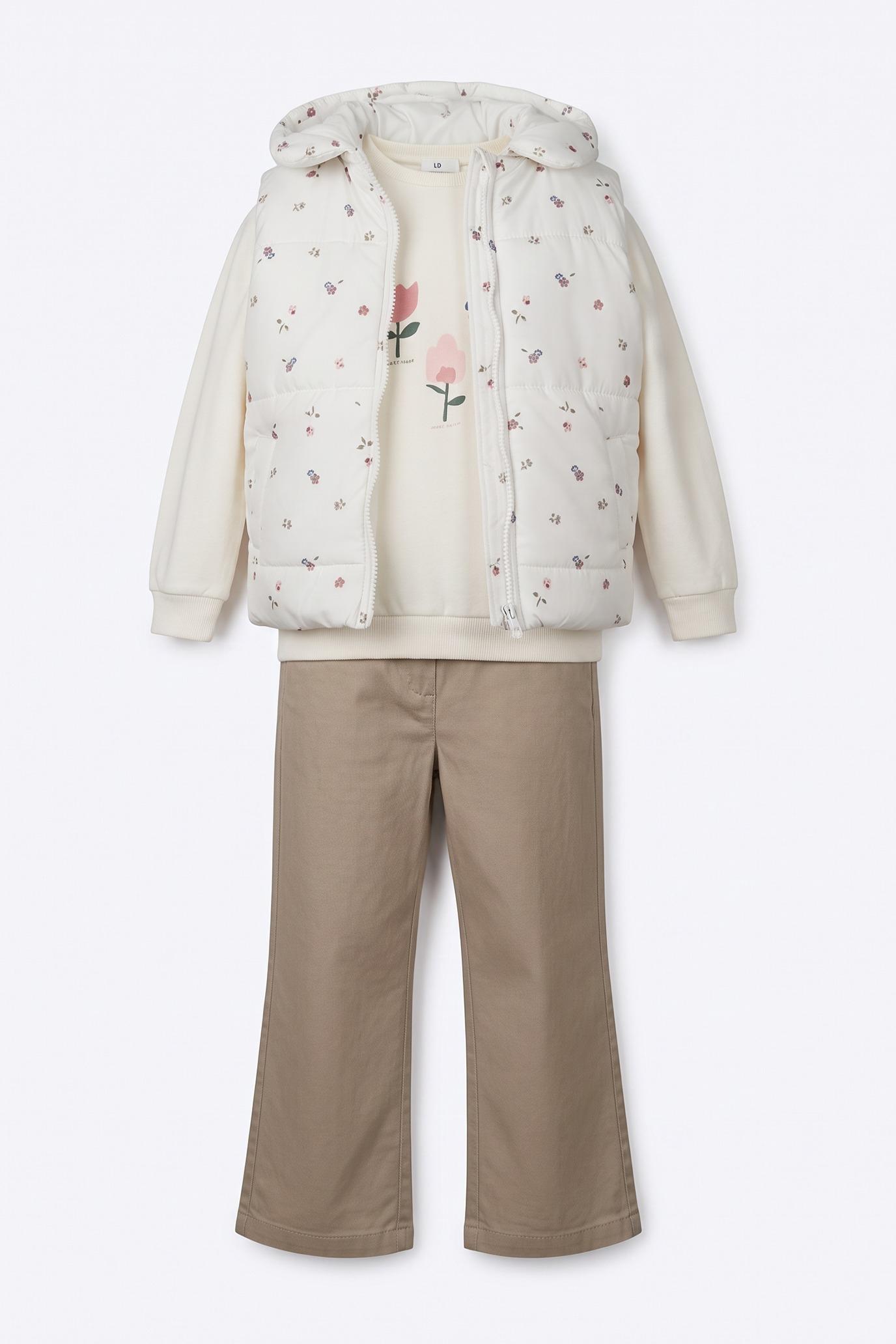 Çiçekli Kapitone Yelekli Sweatshirt Pantolon 3'lü Kız Çocuk Takımı