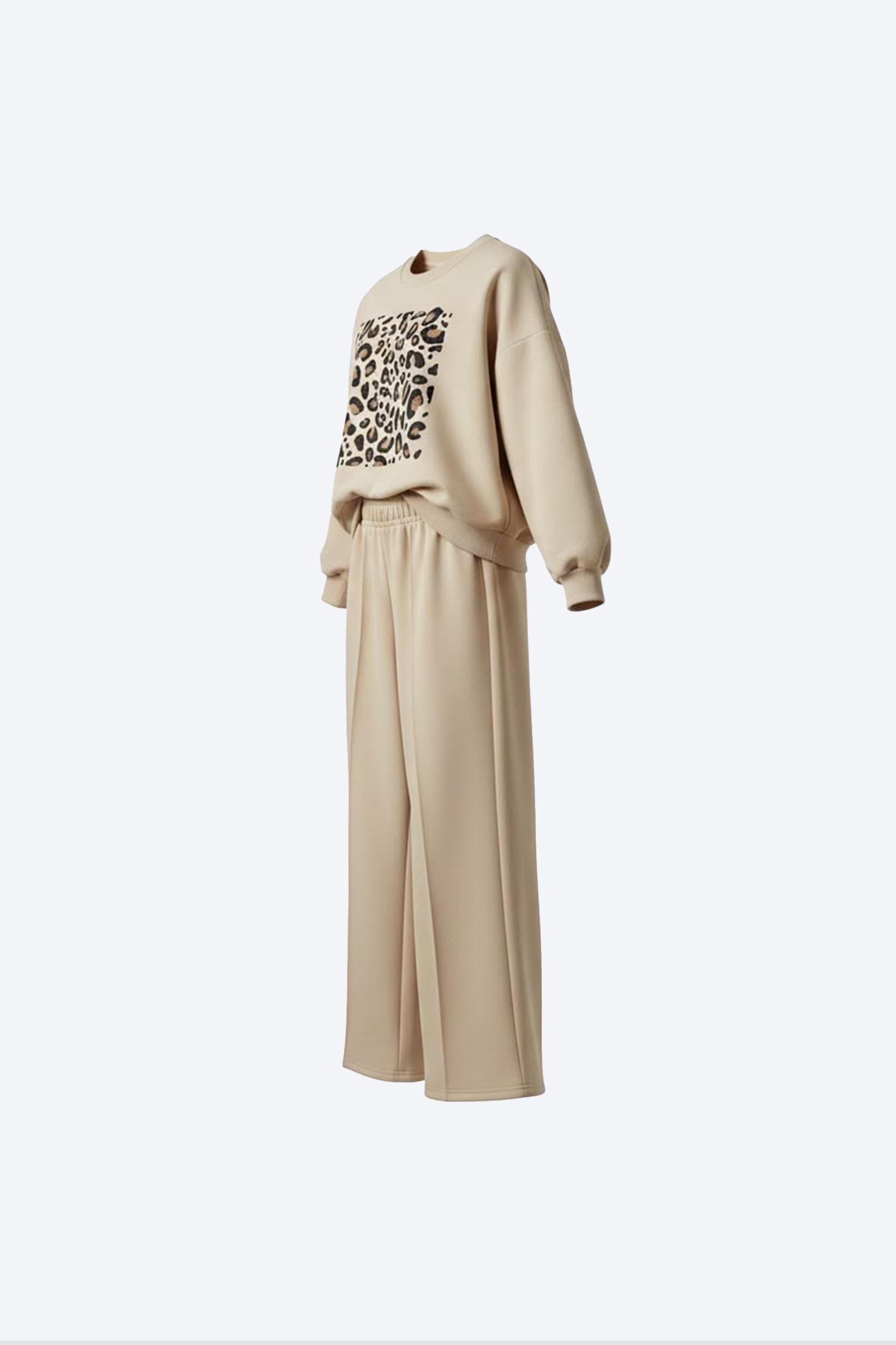 Bej Leopar Baskılı Sweatshirt Bol Paça Pantolon Kız Çocuk Takımı - 2