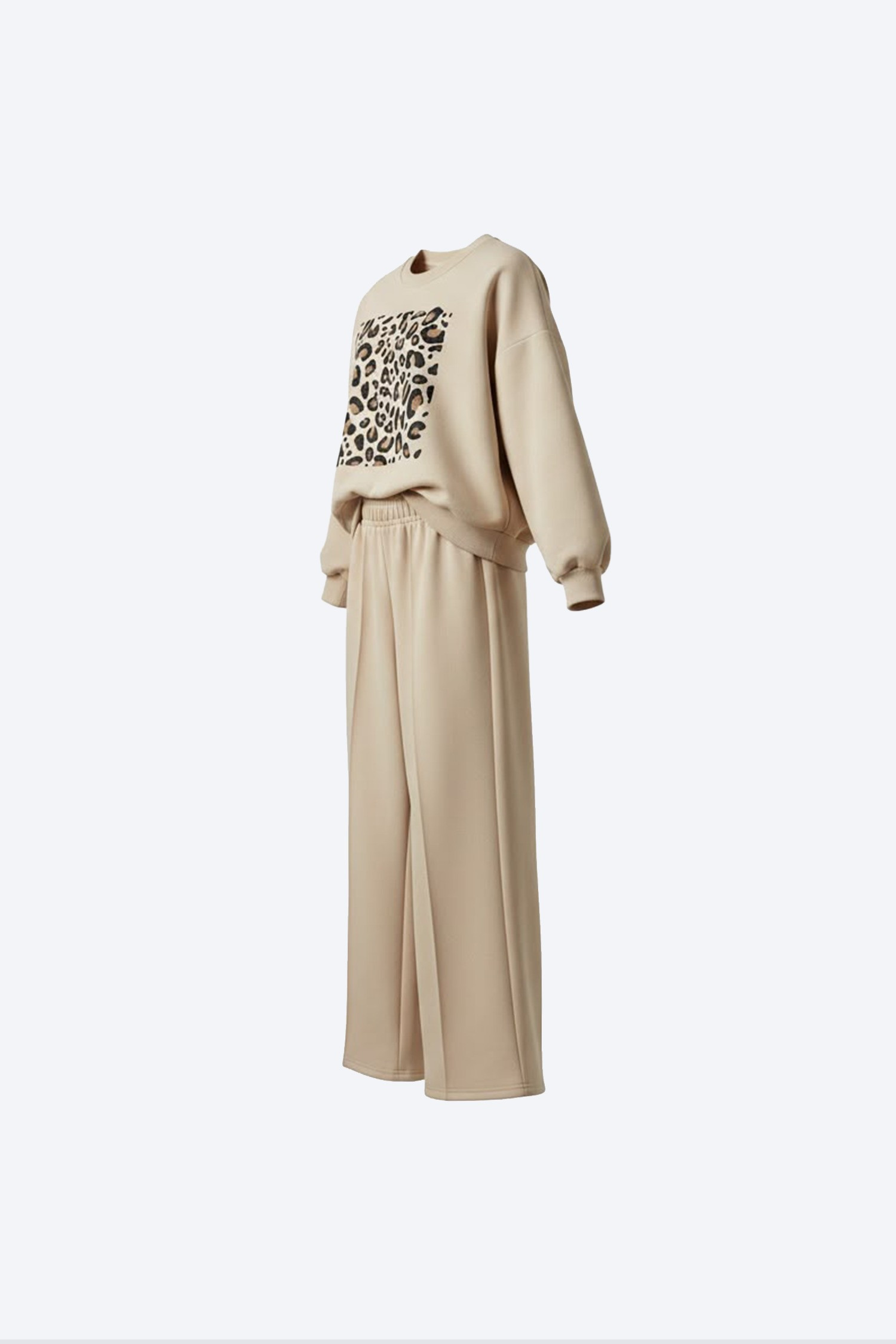 Bej Leopar Baskılı Sweatshirt Bol Paça Pantolon Kız Çocuk Takımı 2