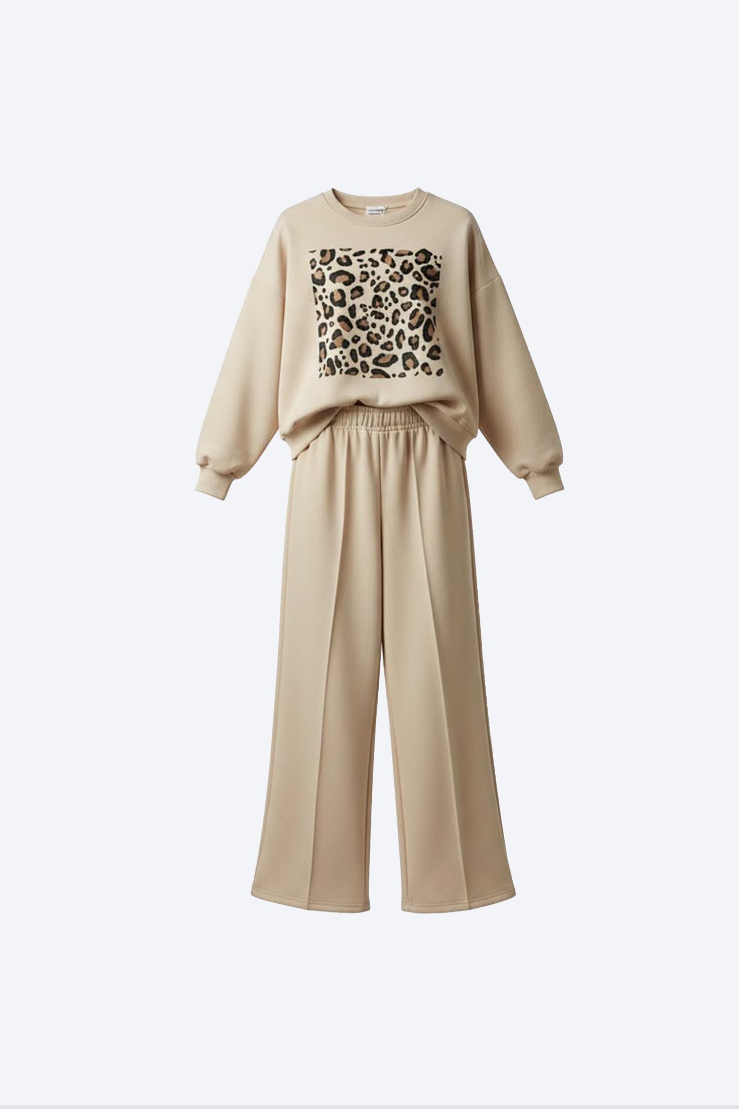 Bej Leopar Baskılı Sweatshirt Bol Paça Pantolon Kız Çocuk Takımı