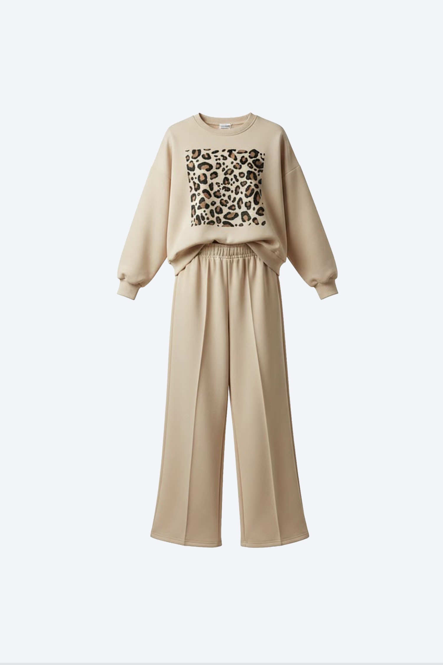 Bej Leopar Baskılı Sweatshirt Bol Paça Pantolon Kız Çocuk Takımı 1