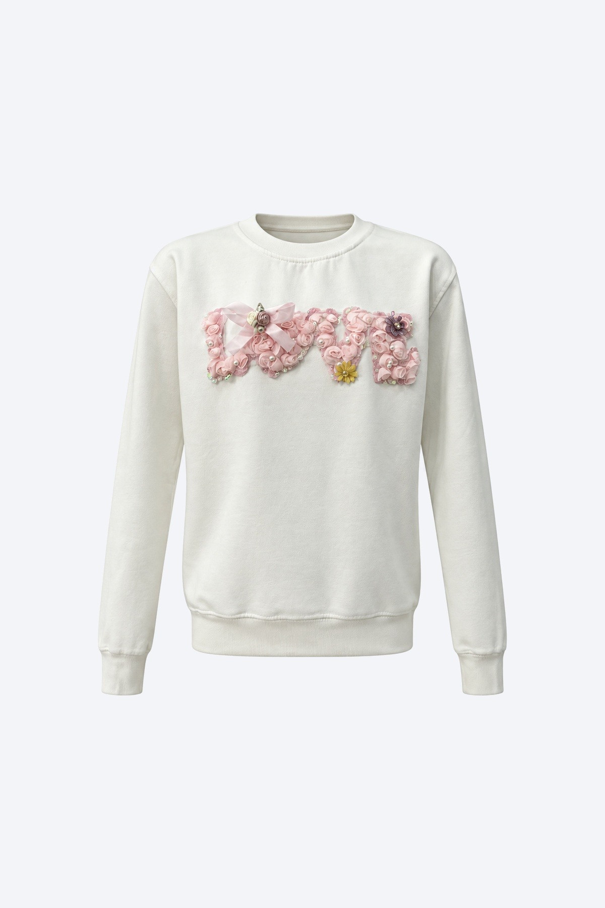 Çiçek Aplikeli Love Yazılı Kız Çocuk Sweatshirt 1